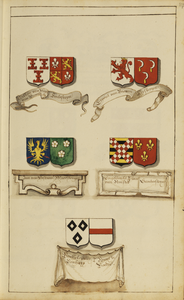 135413 Afbeelding van de wapenschilden van vijf Utrechtse ridderhofsteden en hun bezitters: linksboven Bolestein / ...